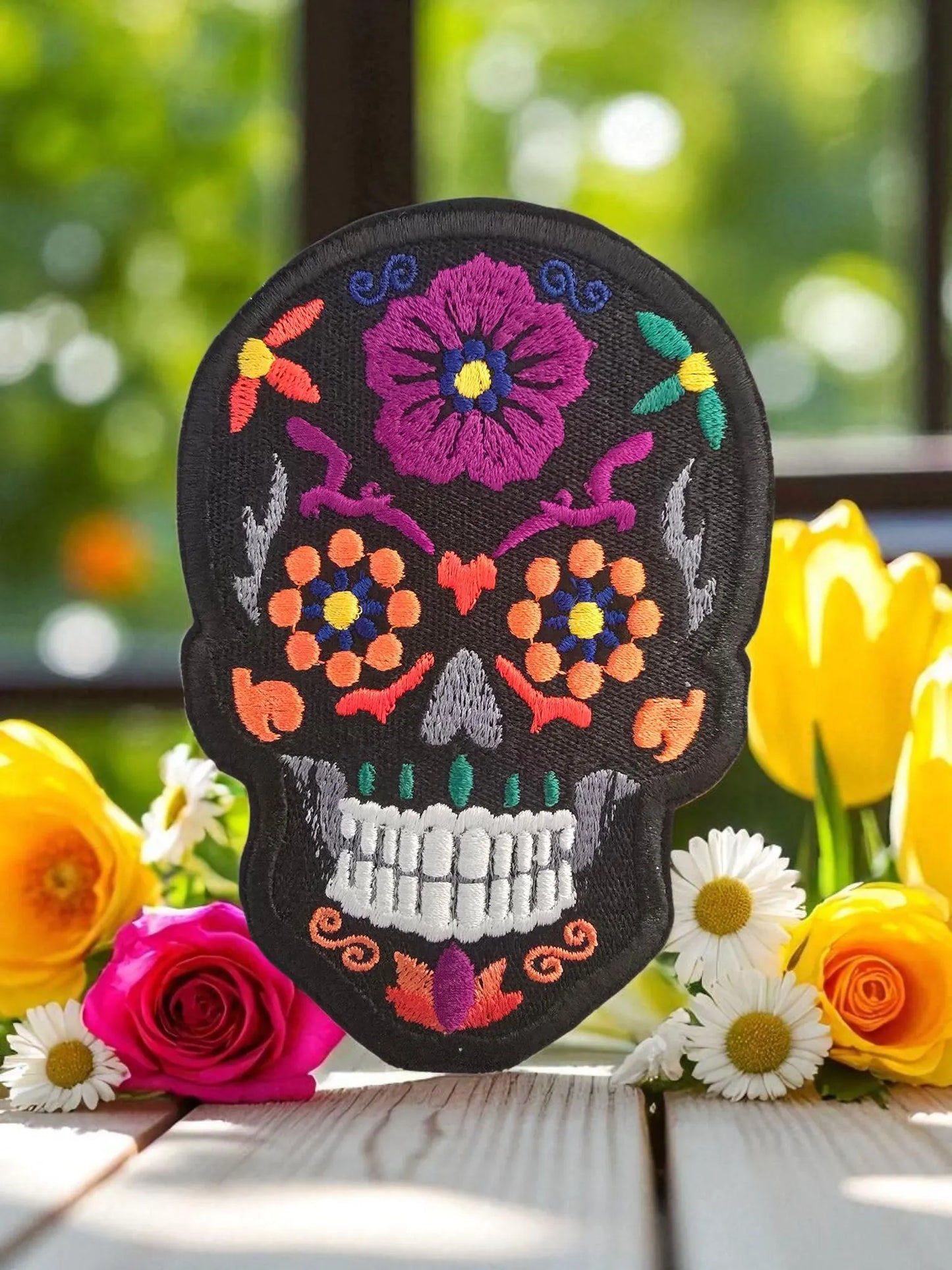 Large Embroidered Candy Skull Iron-On Patch: Sugar Calavera Applique for DIY Clothing (12cm x 8cm)