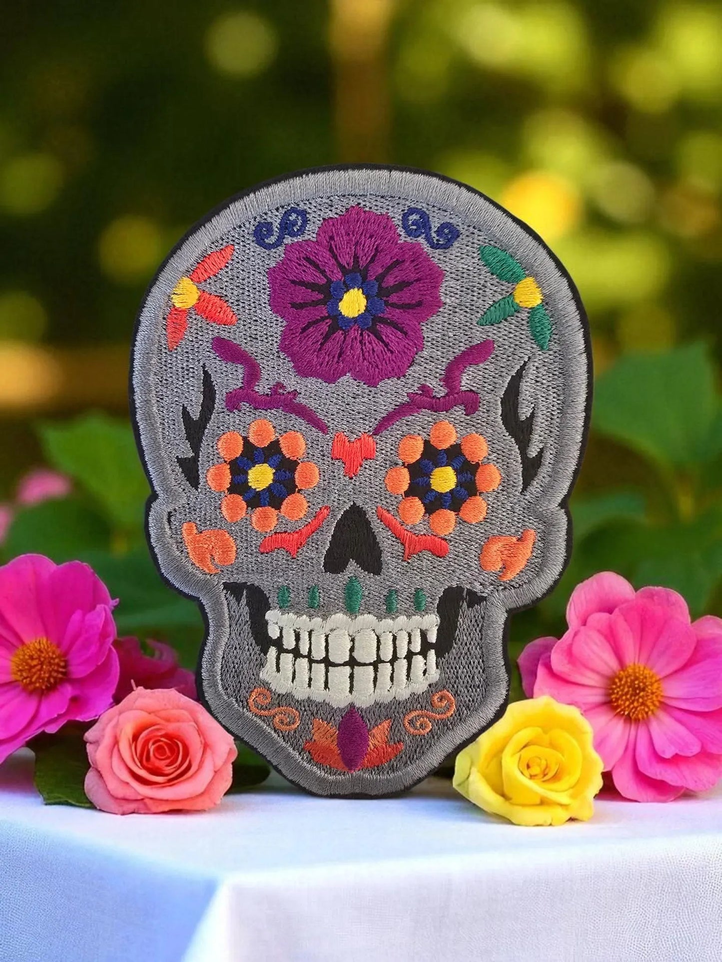 Large Embroidered Candy Skull Iron-On Patch: Sugar Calavera Applique for DIY Clothing (12cm x 8cm)