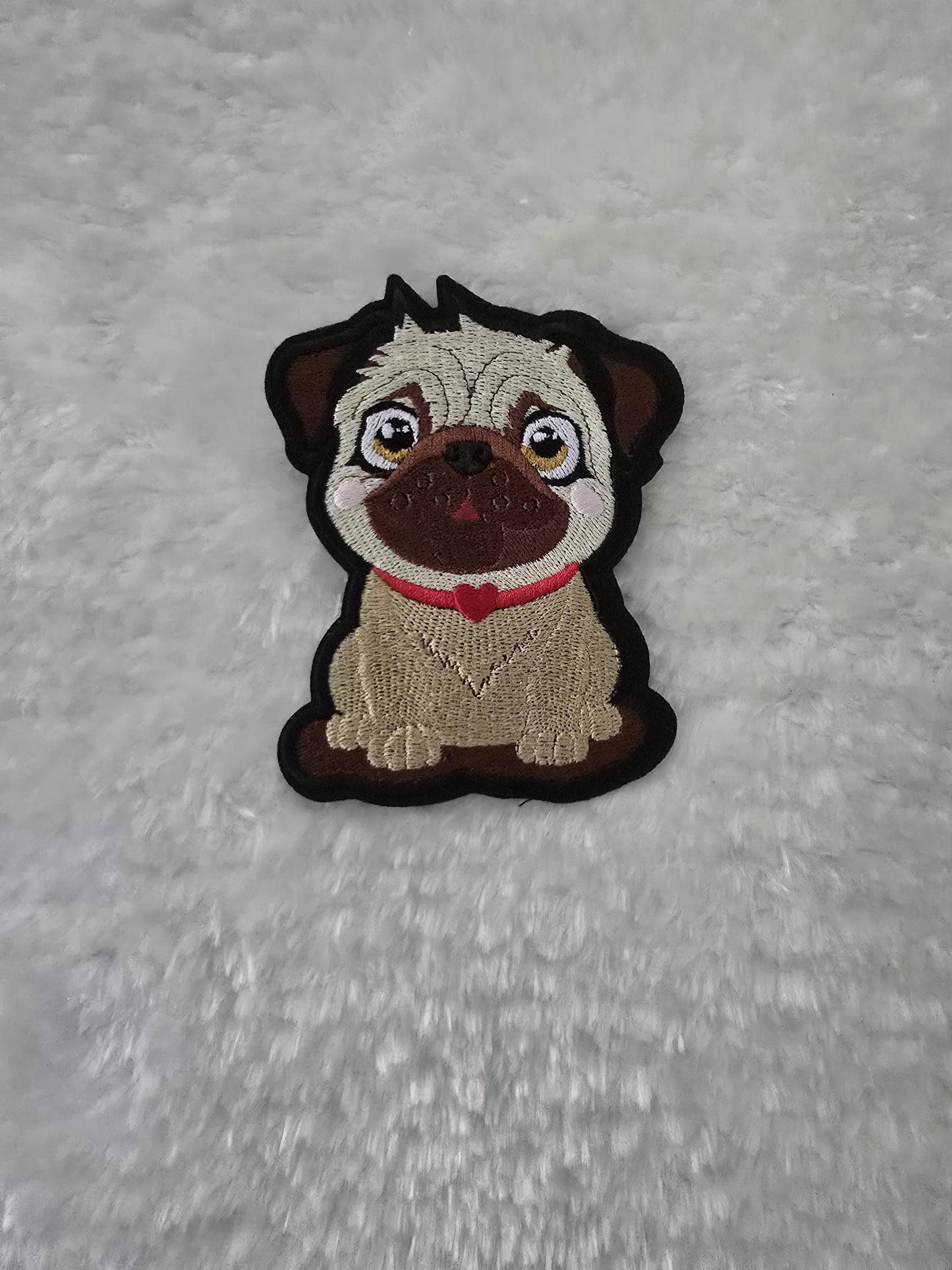 Cute Pug, Iron on Embroidered Patch with Red Heart Collar - Pug Lovers - Dog Lovers Embellishment - Repair Patch - Permanent Iron on Patch