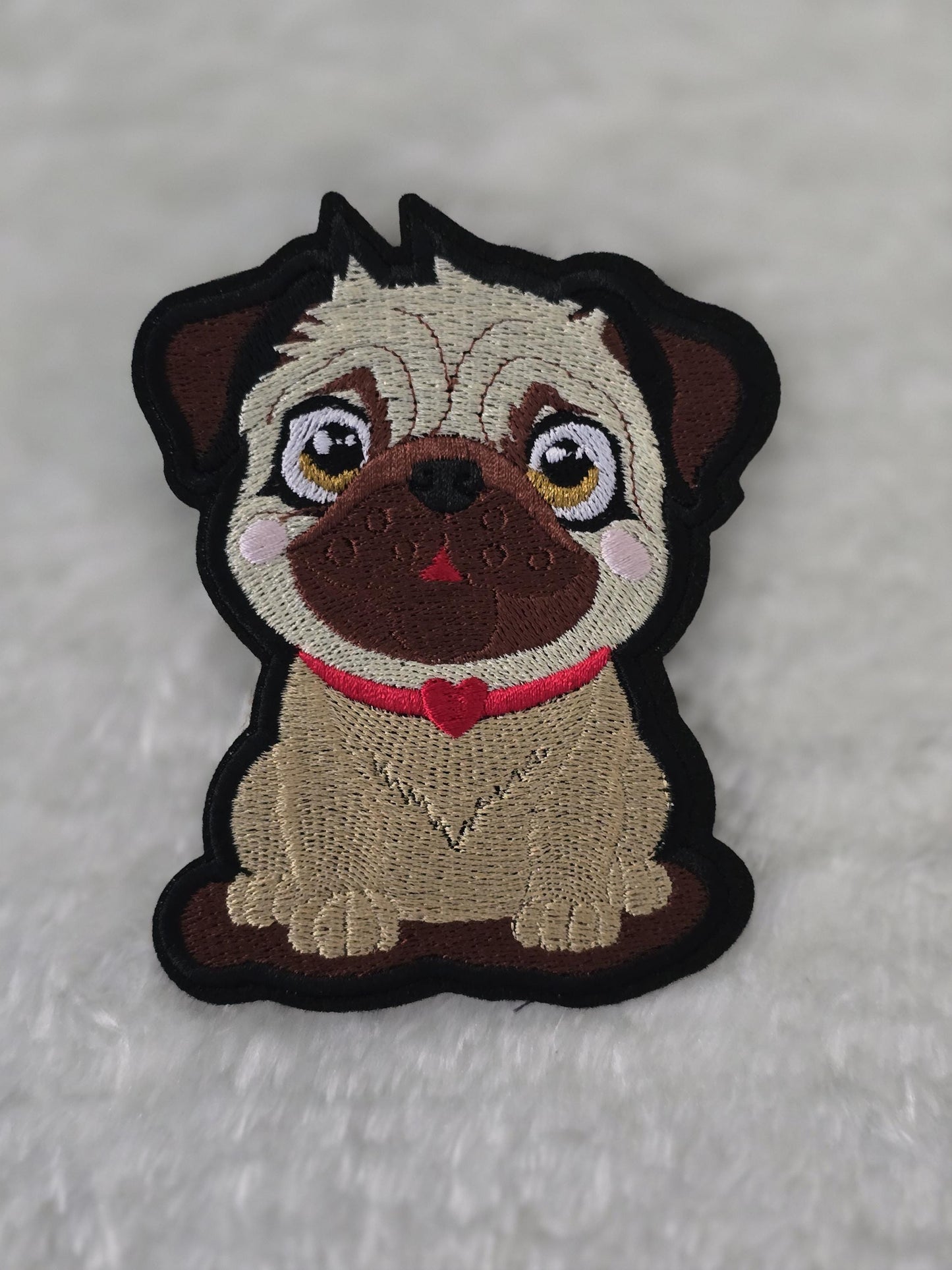 Cute Pug, Iron on Embroidered Patch with Red Heart Collar - Pug Lovers - Dog Lovers Embellishment - Repair Patch - Permanent Iron on Patch