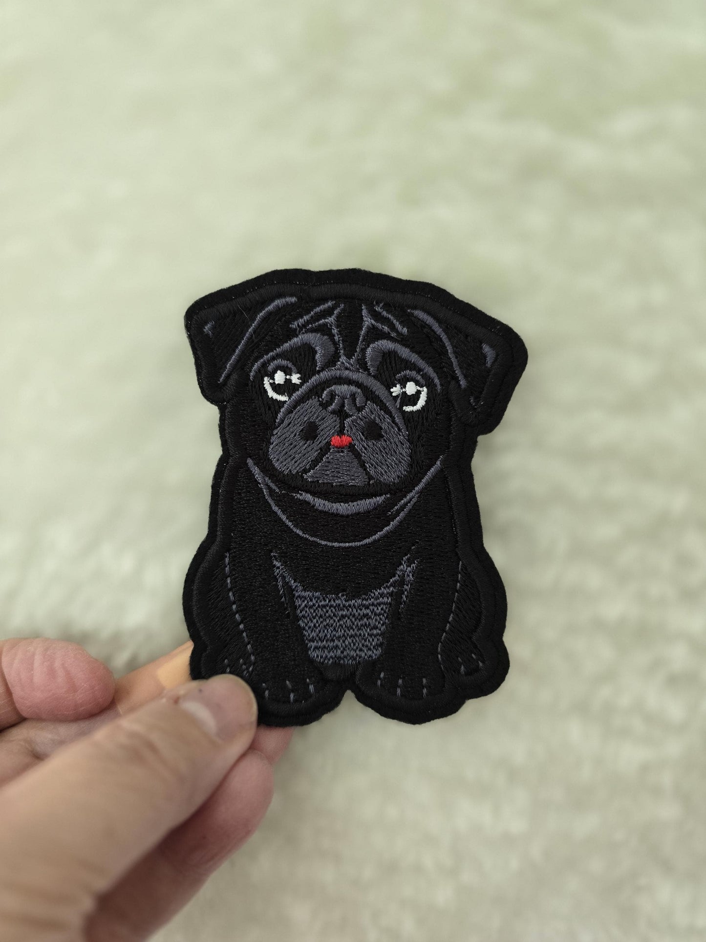 Small 8cm x 6cm, Pug Iron-On Patch, Dog Lovers Gift, Pug Lovers, Bag Patches, Jeans Patch, Cute Patch - Fawn, Black and Chinchilla