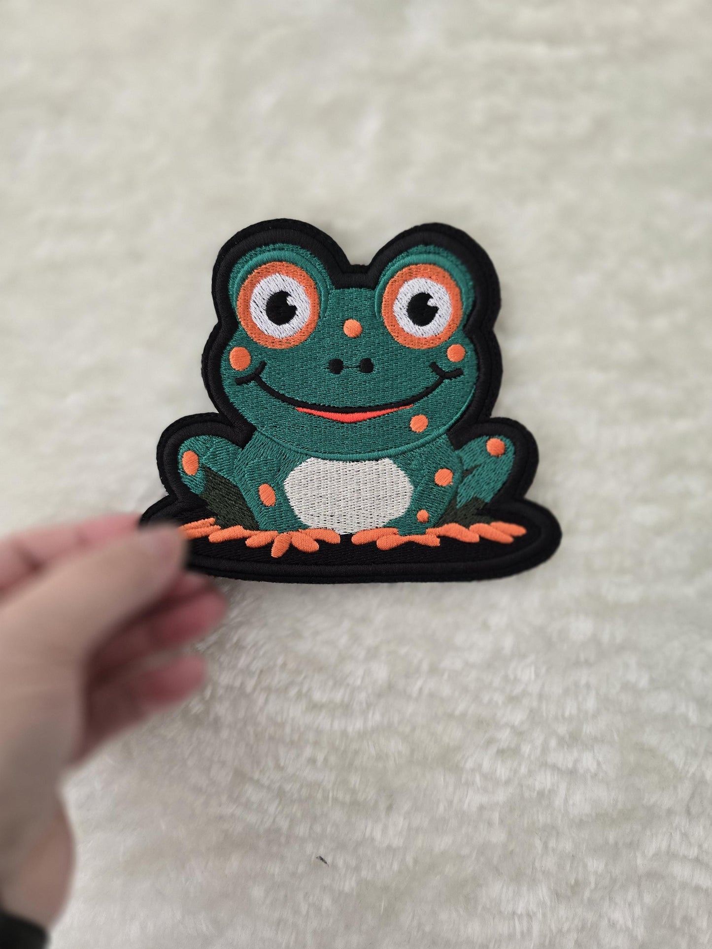 Whimsical Happy Frog Iron-On Patch: Nature-Inspired Embroidered Applique for DIY Clothing Projects 12cm x 10cm