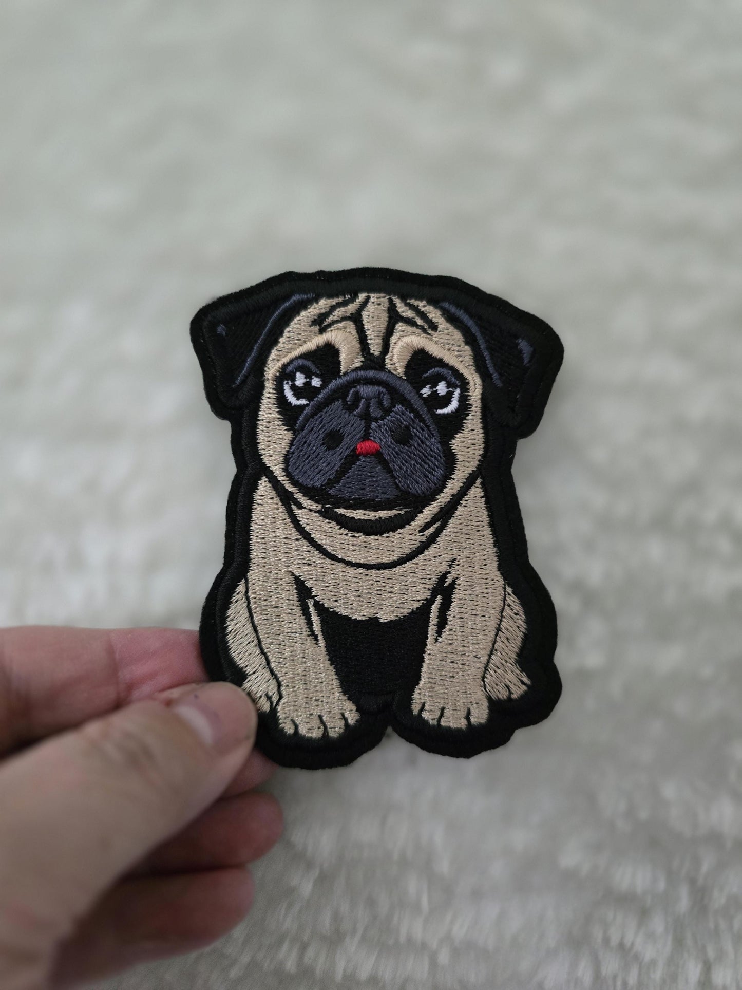 Small 8cm x 6cm, Pug Iron-On Patch, Dog Lovers Gift, Pug Lovers, Bag Patches, Jeans Patch, Cute Patch - Fawn, Black and Chinchilla