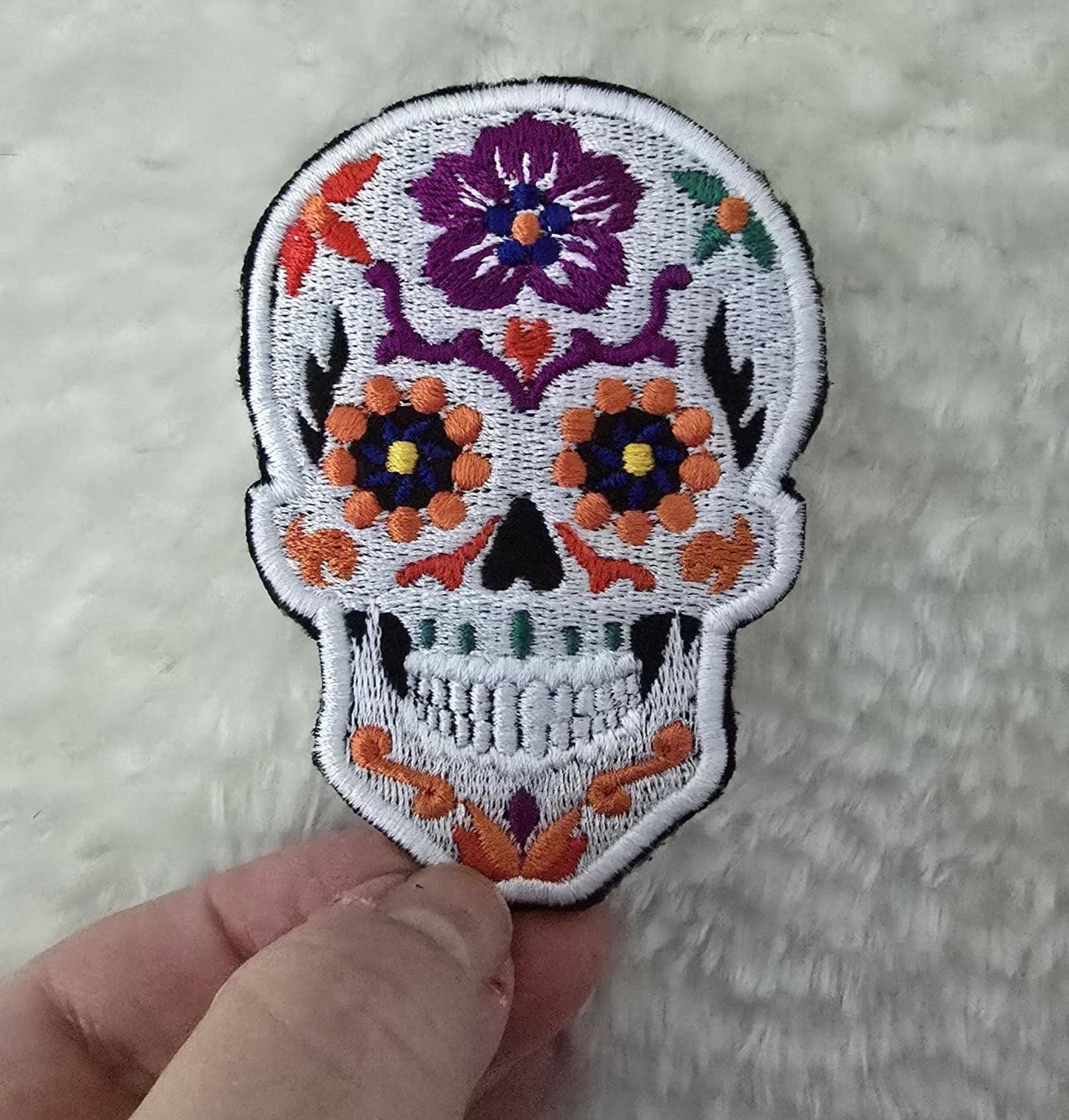 Small Candy Skull Embroidered Iron-On Patch, Sugar Skull Applique, Calaveras Patch, Skull Badge, DIY Clothing, UK 8cm x 6cm Black or White