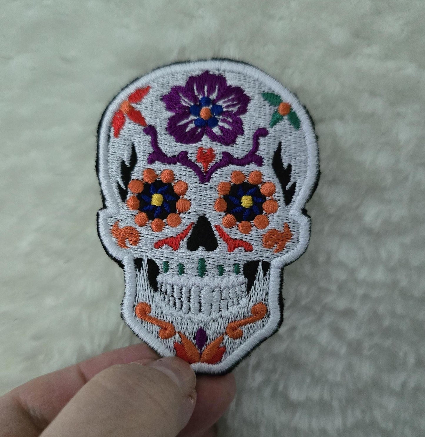 Small Candy Skull Embroidered Iron-On Patch, Sugar Skull Applique, Calaveras Patch, Skull Badge, DIY Clothing, UK 8cm x 6cm Black or White