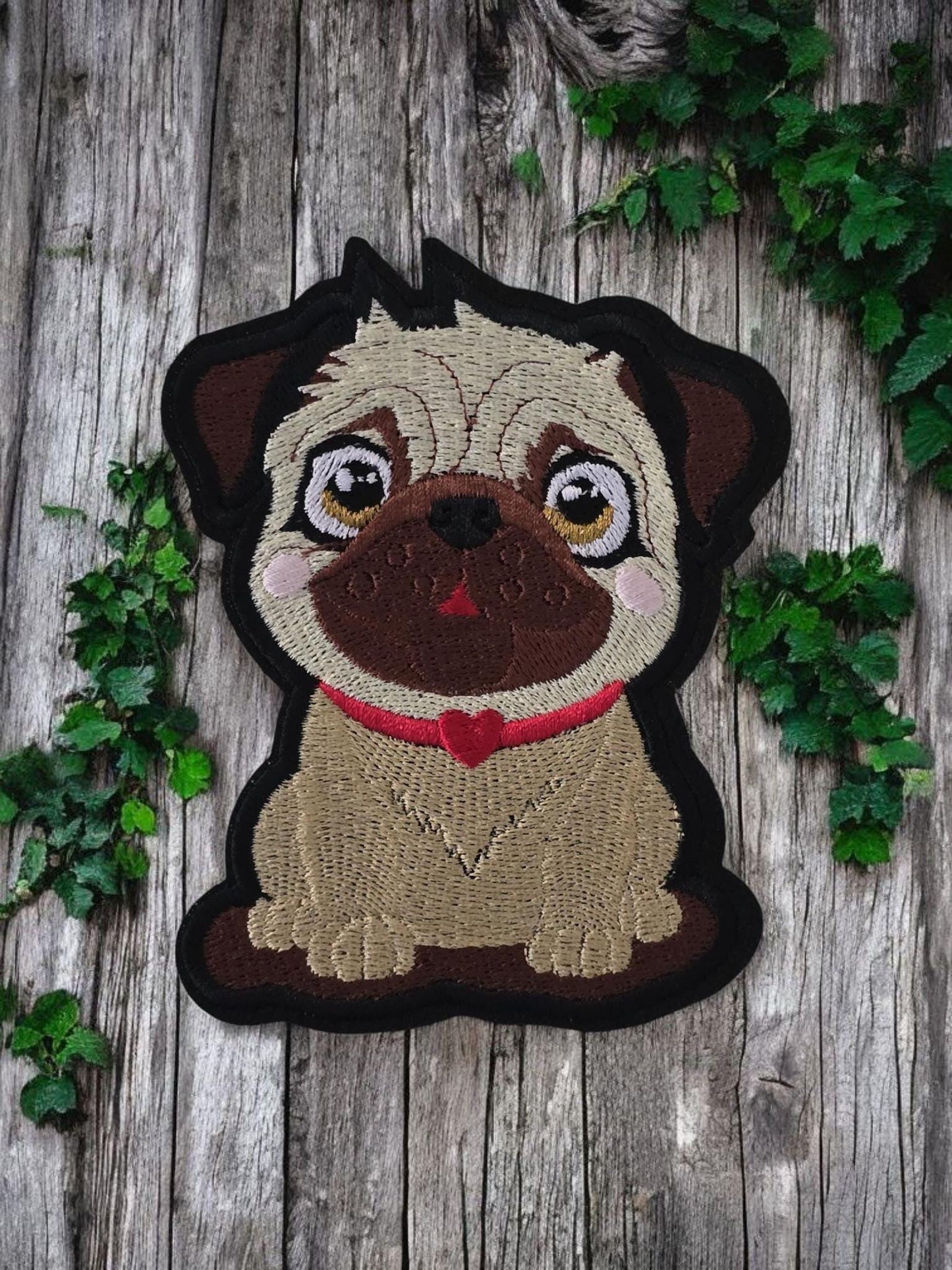 Cute Pug, Iron on Embroidered Patch with Red Heart Collar - Pug Lovers - Dog Lovers Embellishment - Repair Patch - Permanent Iron on Patch