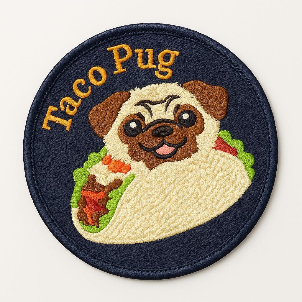 Taco Pug Embroidered Patch – Iron-On Dog Patch – Cute & Funny Pug in Taco Costume for Jackets, Bags, Gifts, Repairs