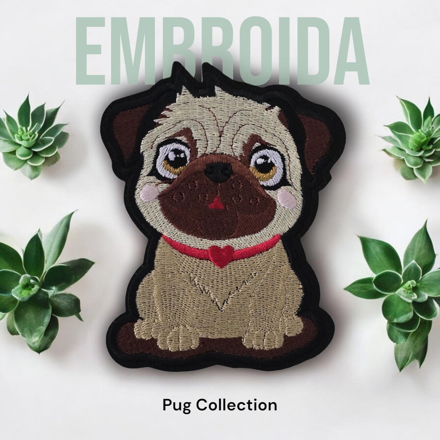Cute Pug, Iron on Embroidered Patch with Red Heart Collar - Pug Lovers - Dog Lovers Embellishment - Repair Patch - Permanent Iron on Patch