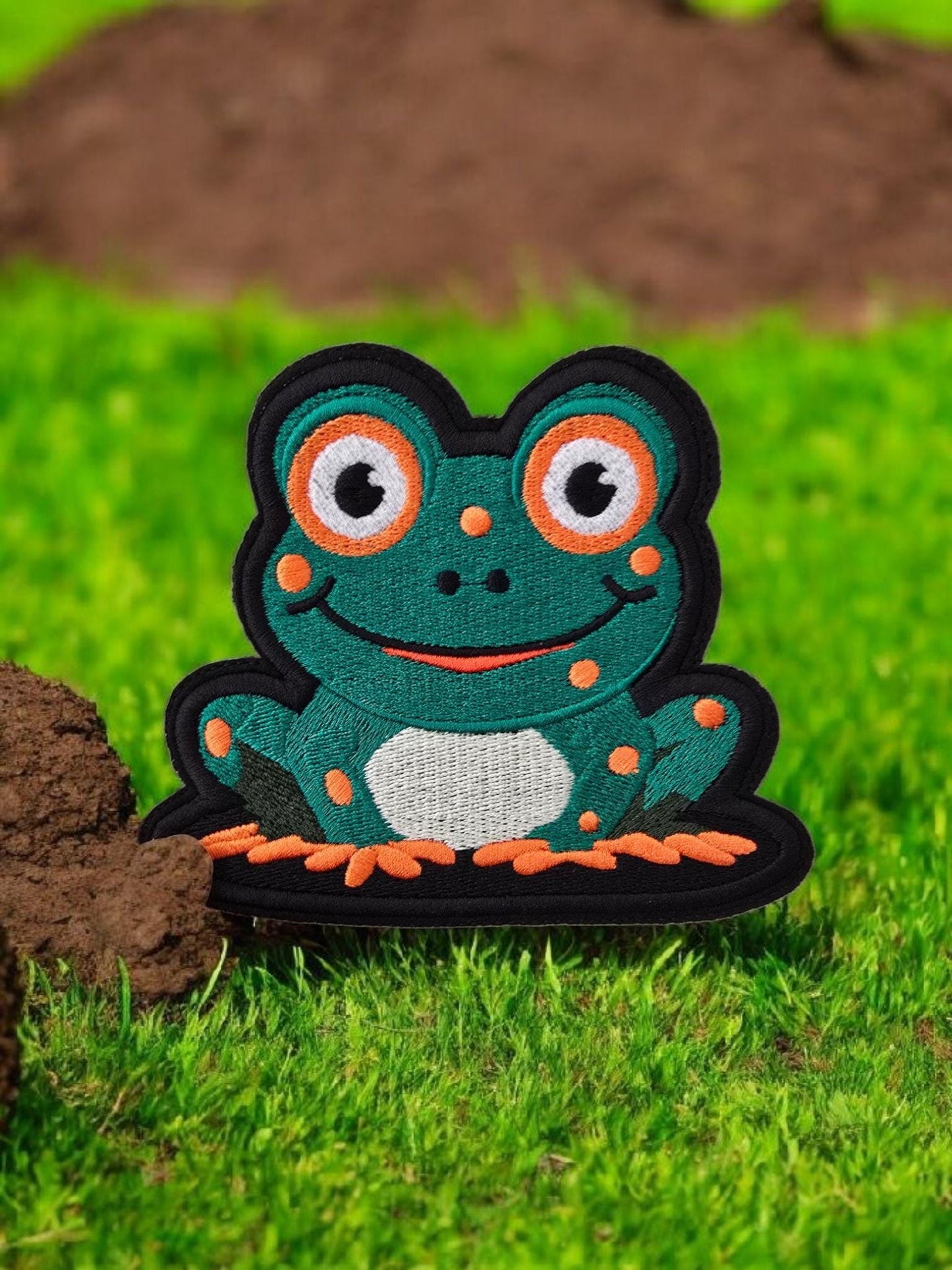 Whimsical Happy Frog Iron-On Patch: Nature-Inspired Embroidered Applique for DIY Clothing Projects 12cm x 10cm