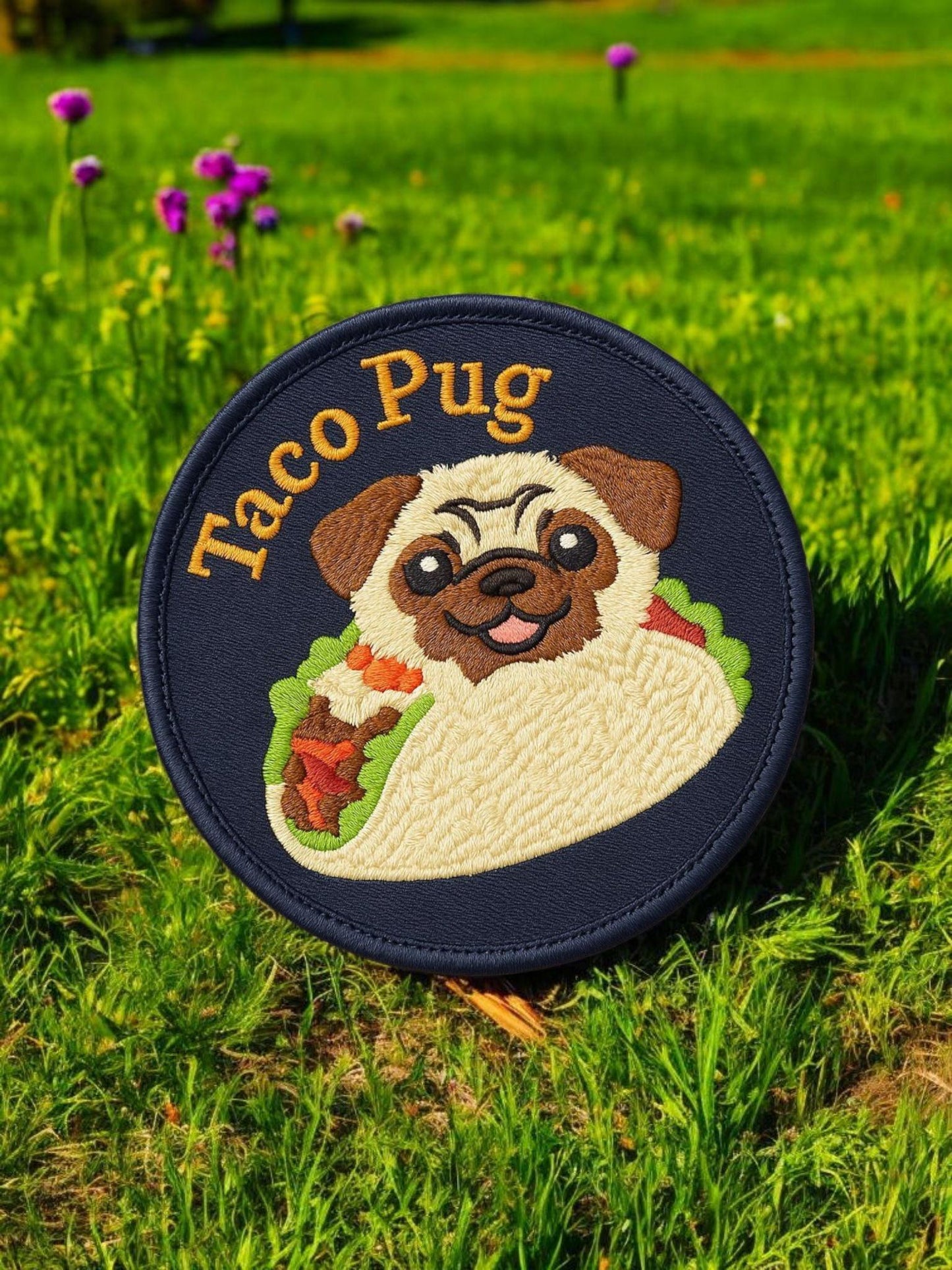 Taco Pug Embroidered Patch – Iron-On Dog Patch – Cute & Funny Pug in Taco Costume for Jackets, Bags, Gifts, Repairs