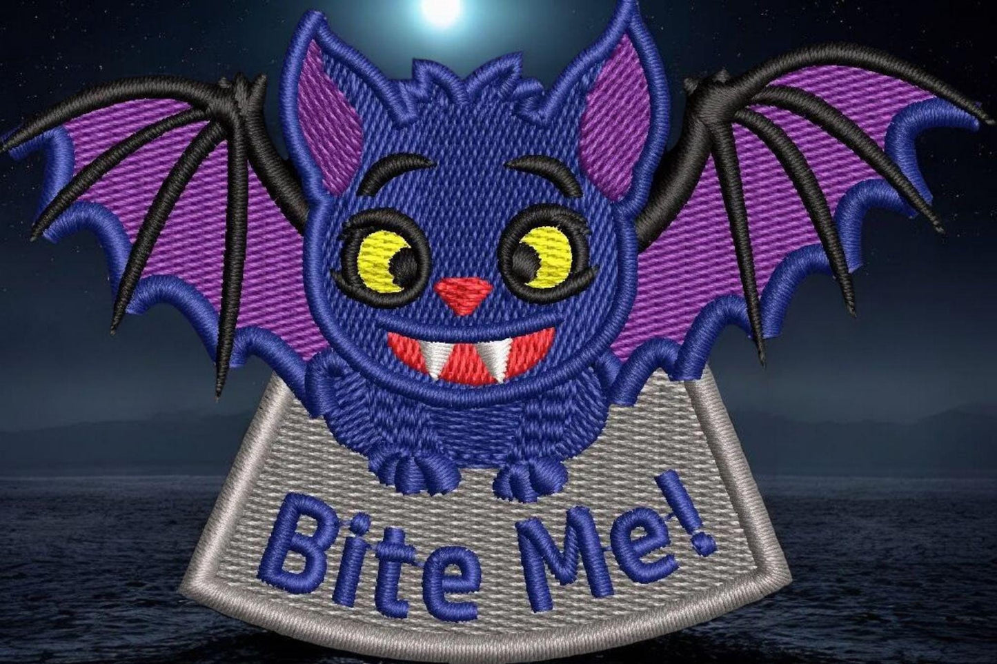 Bite Me Vampire Bat Iron on Patch, Halloween Smiley Bat Badge, Gothic Embroidered Patch, Spooky Gift, Creepy Applique