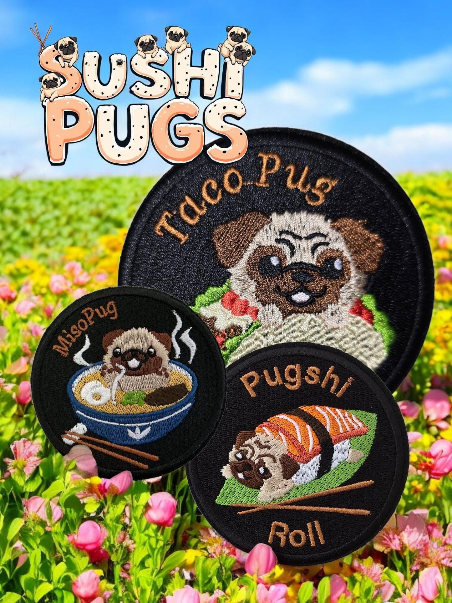 Pugshi Roll Embroidered Patch – Quirky Iron-On Patch for Dog Lovers & Sushi Fans - 9cm x 9cm - Bags, Jackets, Hats, Repairs to Garments