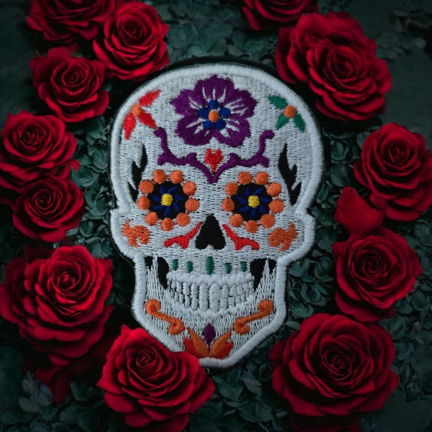 Small Candy Skull Embroidered Iron-On Patch, Sugar Skull Applique, Calaveras Patch, Skull Badge, DIY Clothing, UK 8cm x 6cm Black or White