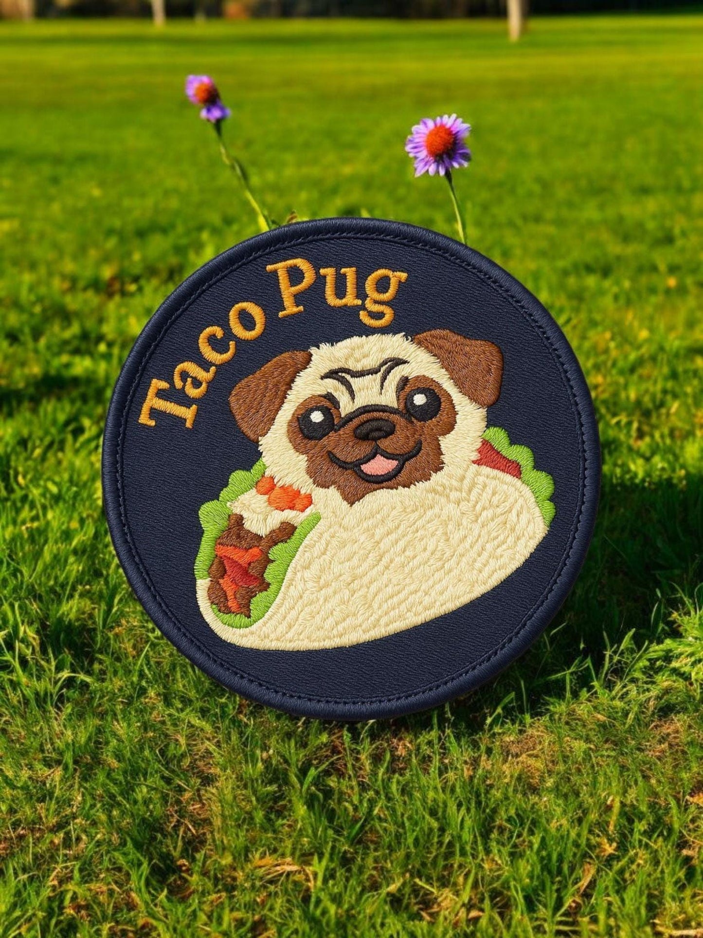 Taco Pug Embroidered Patch – Iron-On Dog Patch – Cute & Funny Pug in Taco Costume for Jackets, Bags, Gifts, Repairs