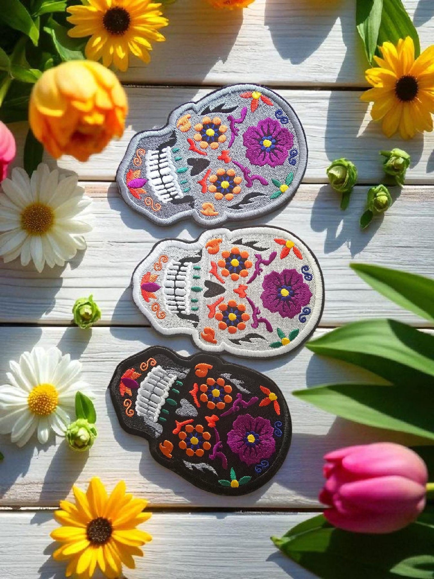 Large Embroidered Candy Skull Iron-On Patch: Sugar Calavera Applique for DIY Clothing (12cm x 8cm)