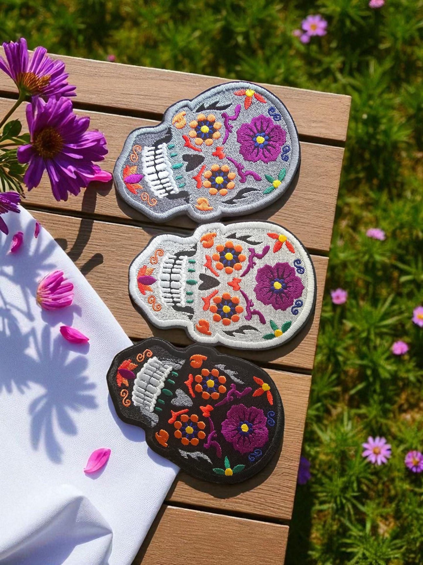 Large Embroidered Candy Skull Iron-On Patch: Sugar Calavera Applique for DIY Clothing (12cm x 8cm)