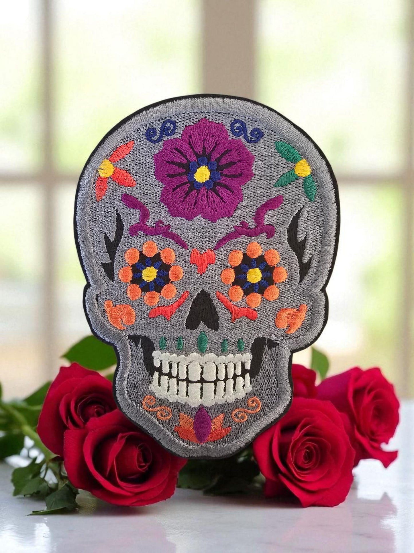 Large Embroidered Candy Skull Iron-On Patch: Sugar Calavera Applique for DIY Clothing (12cm x 8cm)