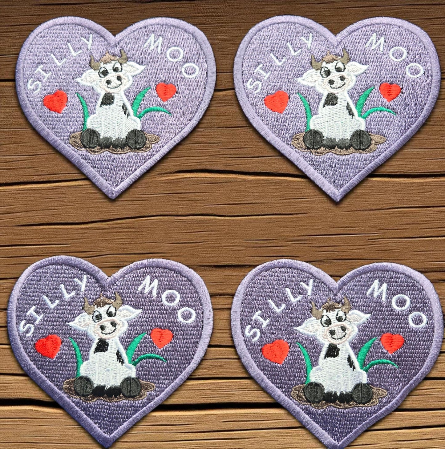 Silly Moo Embroidered Patch – Heart-Shaped Cow in Muddy Puddle
