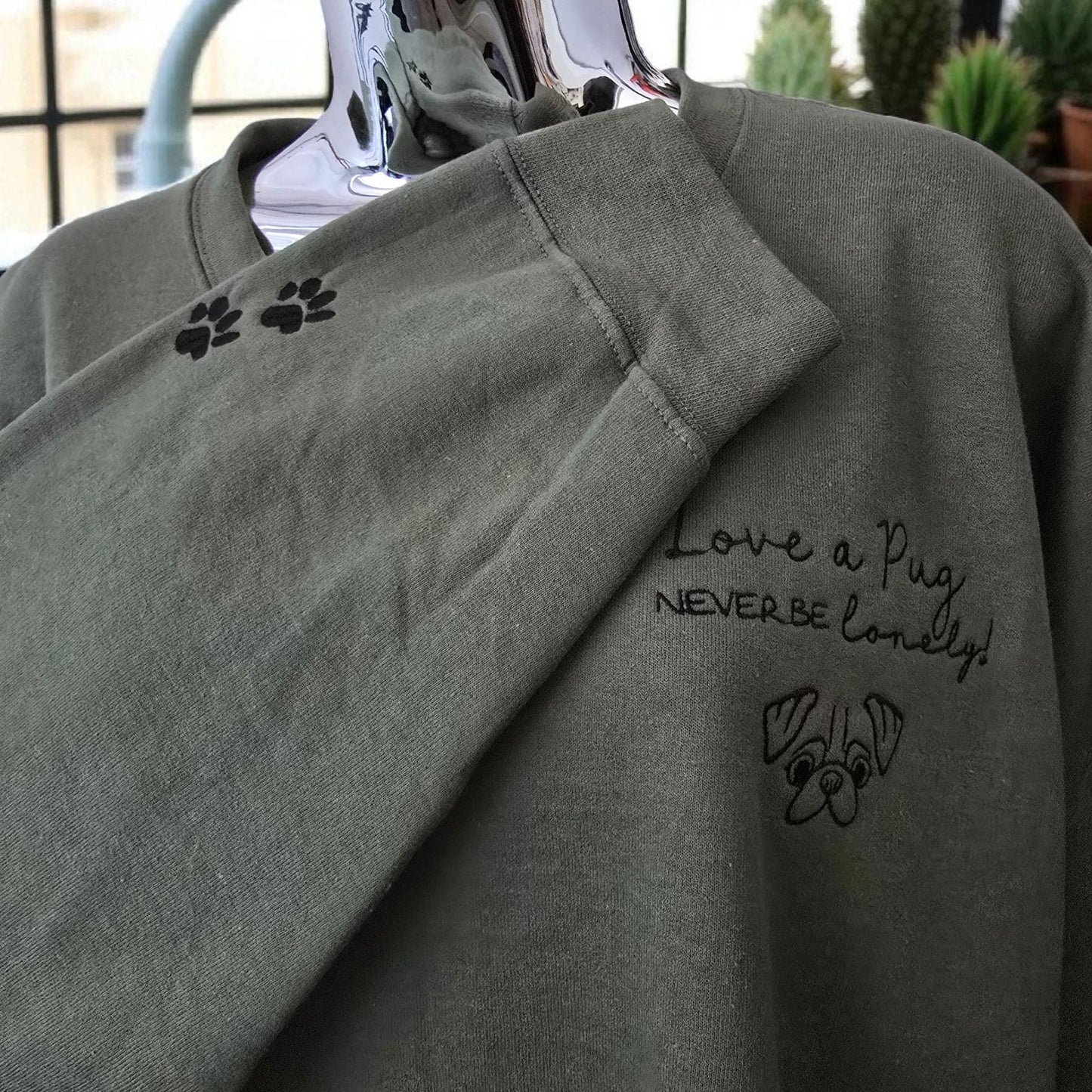 Love a Pug, Never Be Lonely Sweatshirt, Dog Lover Gift, Pug Lovers, Pawprint Sleeve, High Quality Sweatshirt