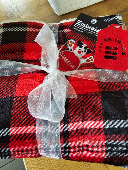 Custom Luxury Dog Blanket - Red Tartan - Puppy Dog with Embroidered Name on Tummy