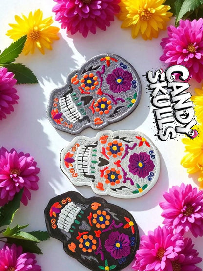 Large Embroidered Candy Skull Iron-On Patch: Sugar Calavera Applique for DIY Clothing (12cm x 8cm)