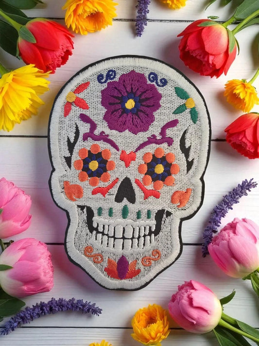 Large Embroidered Candy Skull Iron-On Patch: Sugar Calavera Applique for DIY Clothing (12cm x 8cm)