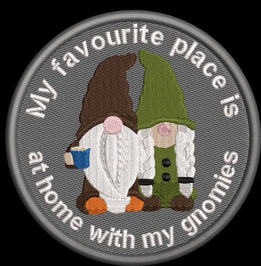embroidered iron on patch, at home with my gnomies