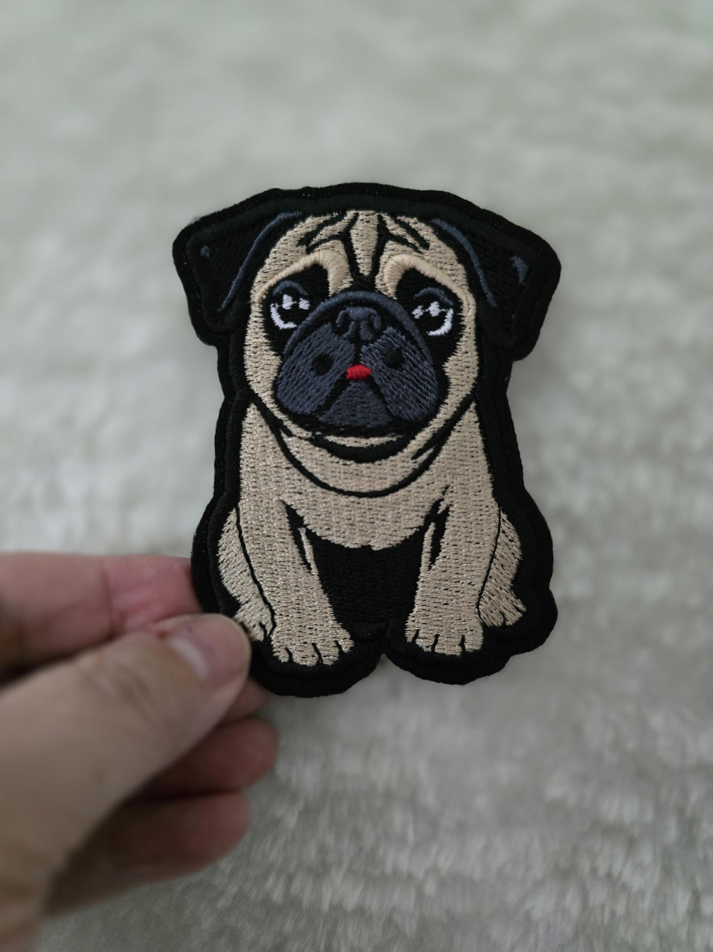 Small 8cm x 6cm, Pug Iron-On Patch, Dog Lovers Gift, Pug Lovers, Bag Patches, Jeans Patch, Cute Patch - Fawn, Black and Chinchilla