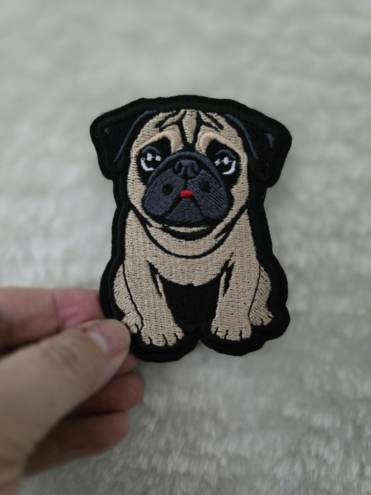 Small 8cm x 6cm, Pug Iron-On Patch, Dog Lovers Gift, Pug Lovers, Bag Patches, Jeans Patch, Cute Patch - Fawn, Black and Chinchilla