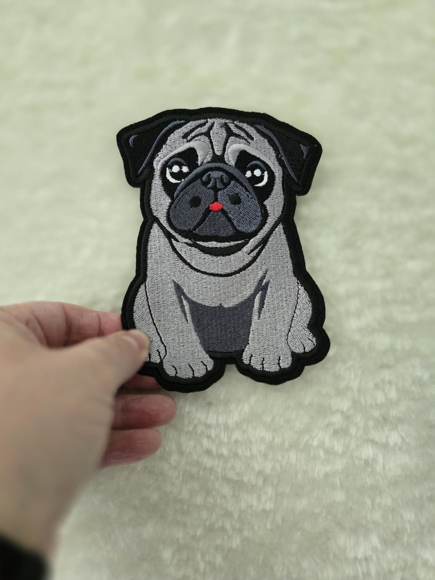 Small 8cm x 6cm, Pug Iron-On Patch, Dog Lovers Gift, Pug Lovers, Bag Patches, Jeans Patch, Cute Patch - Fawn, Black and Chinchilla