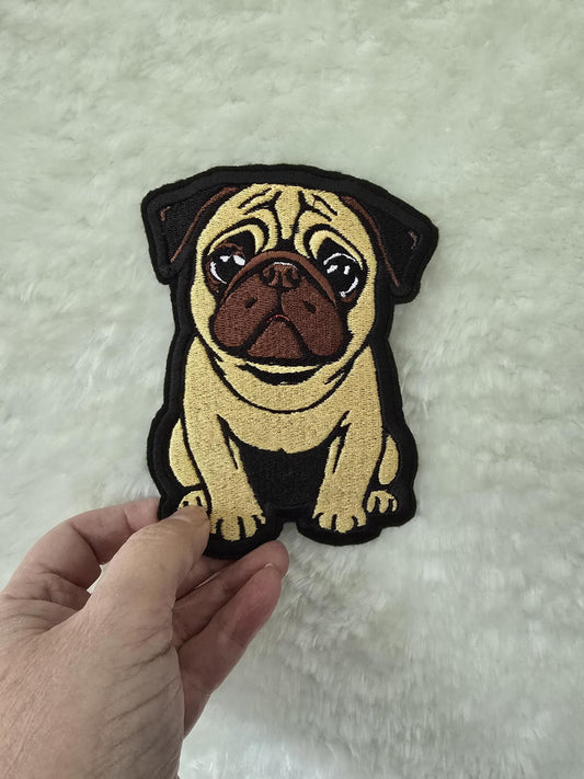 Large 12cm x 8.5cm, Pug Iron-On Patch, Dog Lovers Gift, Pug Lovers, Bag Patches, Jeans Patch, Cute Patch - Dark Fawn and Brown