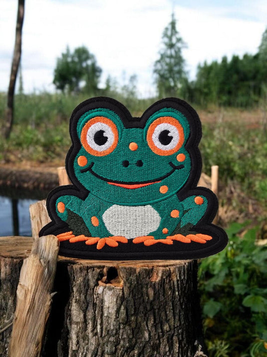 Whimsical Happy Frog Iron-On Patch: Nature-Inspired Embroidered Applique for DIY Clothing Projects 12cm x 10cm