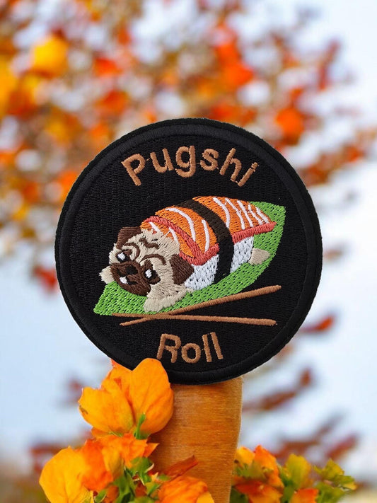 Pugshi Roll Embroidered Patch – Quirky Iron-On Patch for Dog Lovers & Sushi Fans - 9cm x 9cm - Bags, Jackets, Hats, Repairs to Garments