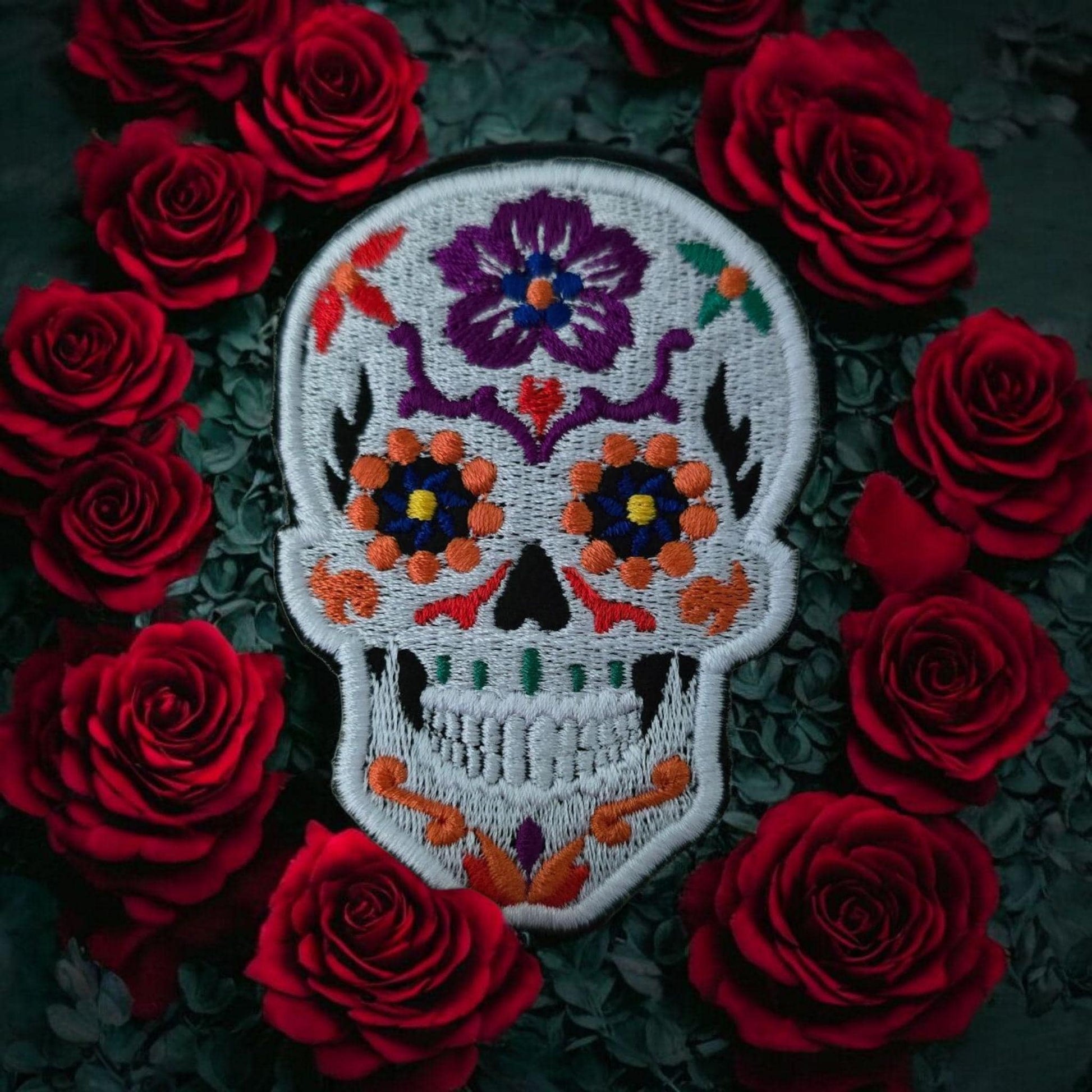 Small Candy Skull Embroidered Iron-On Patch, Sugar Skull Applique, Calaveras Patch, Skull Badge, DIY Clothing, UK 8cm x 6cm Black or White