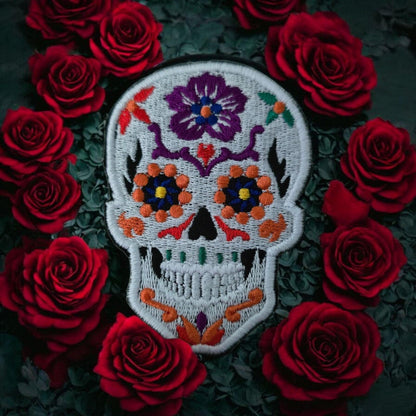 Small Candy Skull Embroidered Iron-On Patch, Sugar Skull Applique, Calaveras Patch, Skull Badge, DIY Clothing, UK 8cm x 6cm Black or White