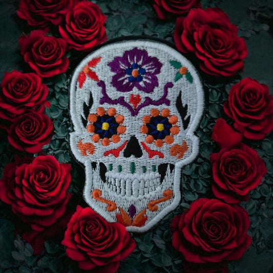 Small Candy Skull Embroidered Iron-On Patch, Sugar Skull Applique, Calaveras Patch, Skull Badge, DIY Clothing, UK 8cm x 6cm Black or White