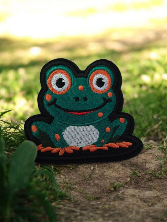 Small Happy Frog Iron On Patch, Cute Frog Applique, Embroidered Frog Patch, Sew On Frog Patch, DIY Frog Patch, Frog Lover Gift 8cm x 7cm