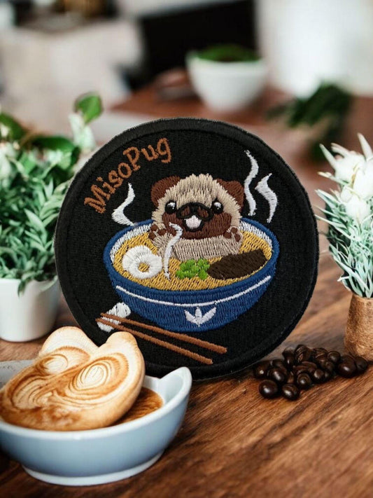 Miso Pug Embroidered Patch – Quirky Iron-On Patch for Dog Lovers & Sushi Fans - 9cm x 9cm - Bags, Jackets, Hats, Repairs to Garments