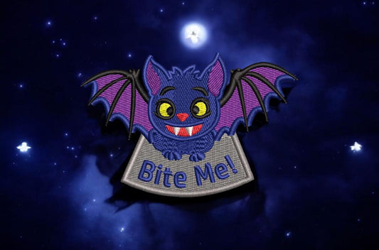 Bite Me Vampire Bat Iron on Patch, Halloween Smiley Bat Badge, Gothic Embroidered Patch, Spooky Gift, Creepy Applique