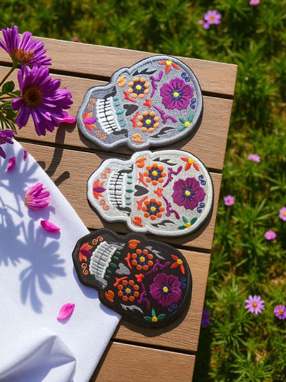 Large Embroidered Candy Skull Iron-On Patch: Sugar Calavera Applique for DIY Clothing (12cm x 8cm)