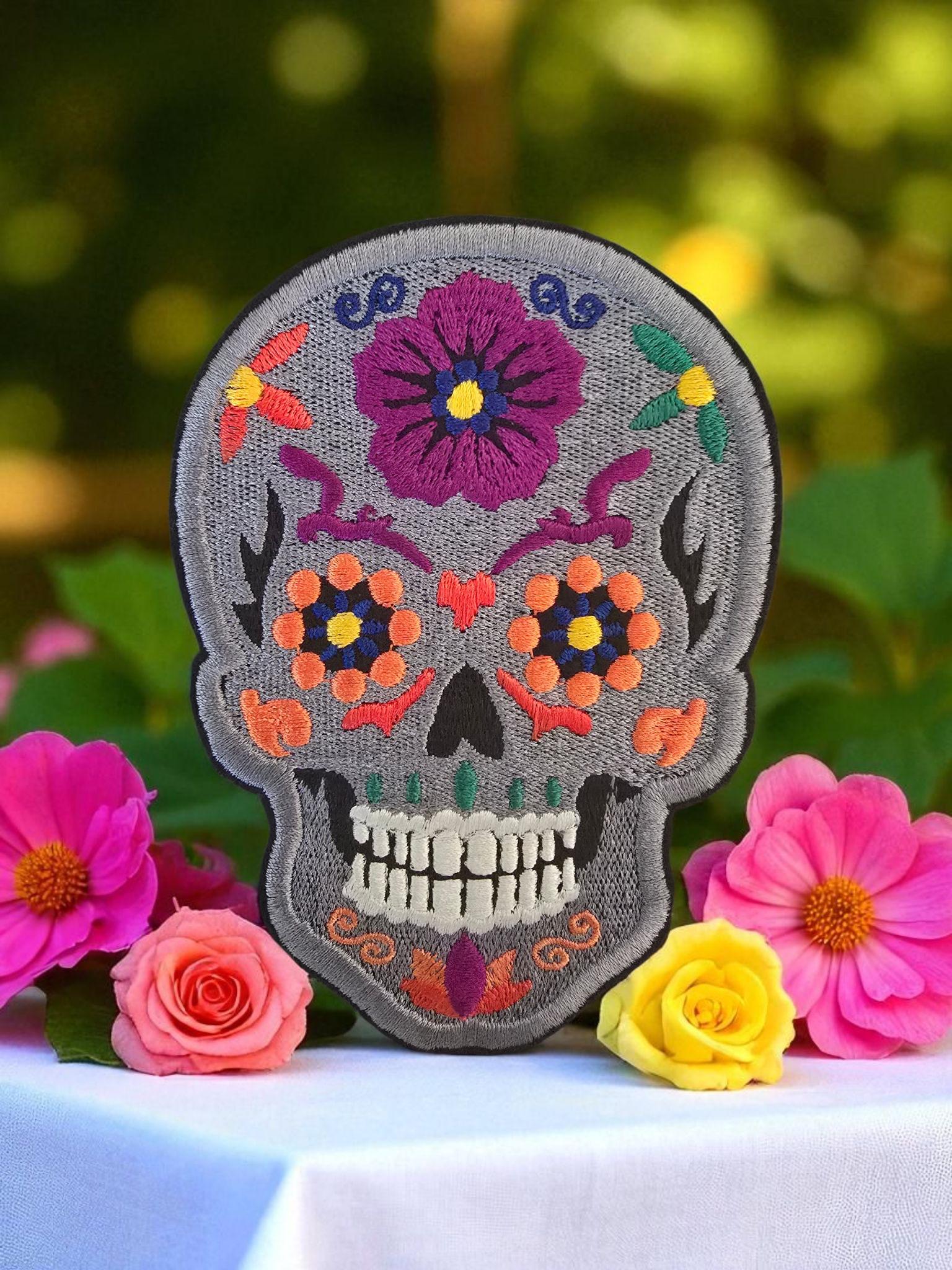 Large Embroidered Candy Skull Iron-On Patch: Sugar Calavera Applique for DIY Clothing (12cm x 8cm)
