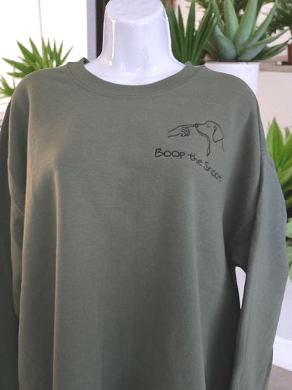 Boop the Snoot Embroidered Sweatshirt | Dog Lover Gift | Cosy Unisex Jumper in Military Green, Pink, Blue, Black & Dark Heather