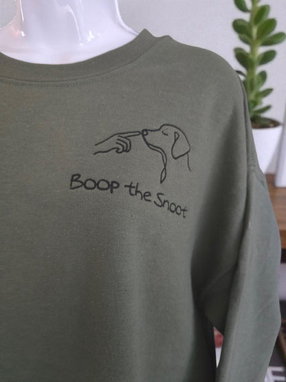Boop the Snoot Embroidered Sweatshirt | Dog Lover Gift | Cosy Unisex Jumper in Military Green, Pink, Blue, Black & Dark Heather