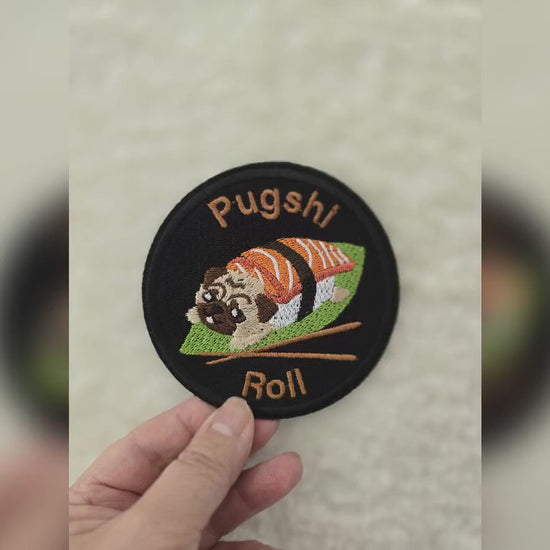 Pugshi Roll Embroidered Patch – Quirky Iron-On Patch for Dog Lovers & Sushi Fans - 9cm x 9cm - Bags, Jackets, Hats, Repairs to Garments