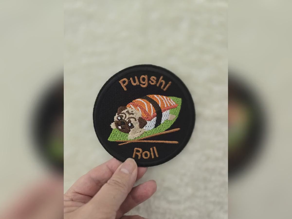 Pugshi Roll Embroidered Patch – Quirky Iron-On Patch for Dog Lovers & Sushi Fans - 9cm x 9cm - Bags, Jackets, Hats, Repairs to Garments