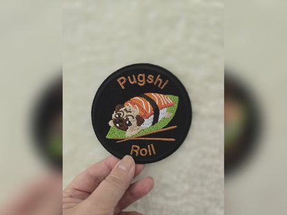 Pugshi Roll Embroidered Patch – Quirky Iron-On Patch for Dog Lovers & Sushi Fans - 9cm x 9cm - Bags, Jackets, Hats, Repairs to Garments