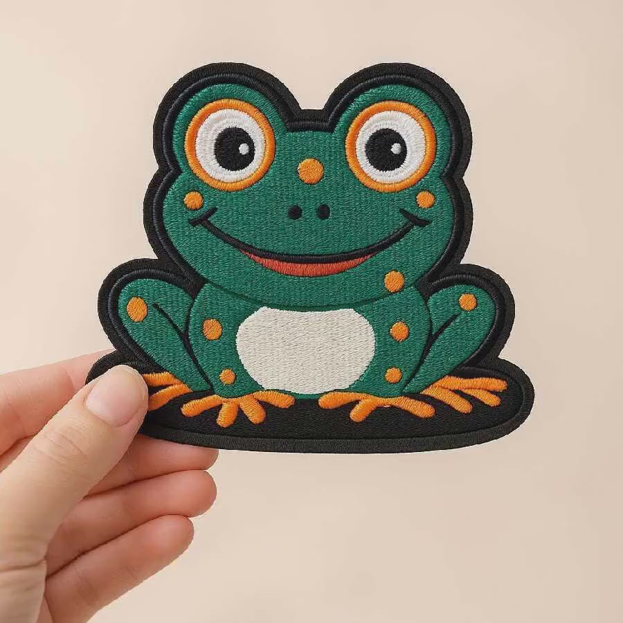 Whimsical Happy Frog Iron-On Patch: Nature-Inspired Embroidered Applique for DIY Clothing Projects 12cm x 10cm