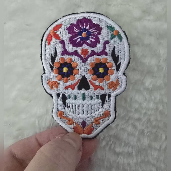 Small Candy Skull Embroidered Iron-On Patch, Sugar Skull Applique, Calaveras Patch, Skull Badge, DIY Clothing, UK 8cm x 6cm Black or White