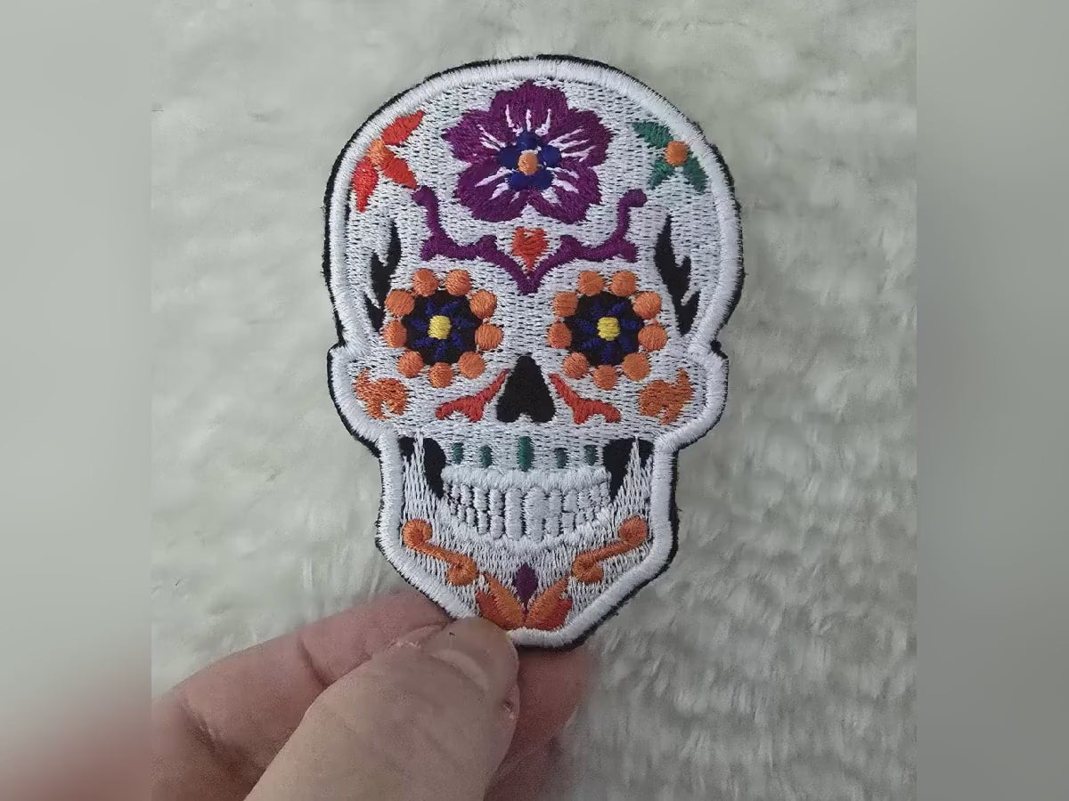 Small Candy Skull Embroidered Iron-On Patch, Sugar Skull Applique, Calaveras Patch, Skull Badge, DIY Clothing, UK 8cm x 6cm Black or White