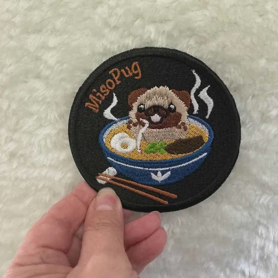 Miso Pug Embroidered Patch – Quirky Iron-On Patch for Dog Lovers & Sushi Fans - 9cm x 9cm - Bags, Jackets, Hats, Repairs to Garments